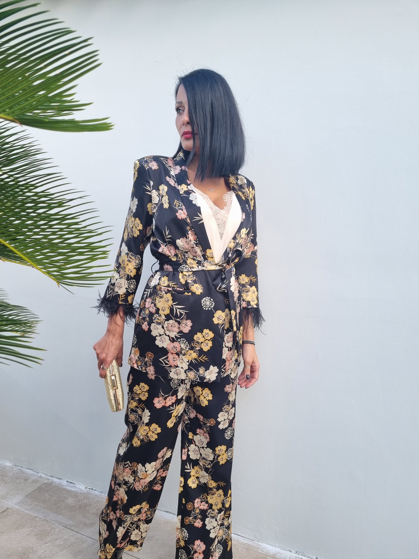 Floral satin suit